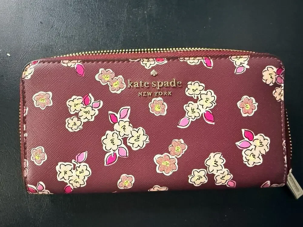 Kate Spade New York Frosted Floral Deep Berry Continental Zip Wallet
